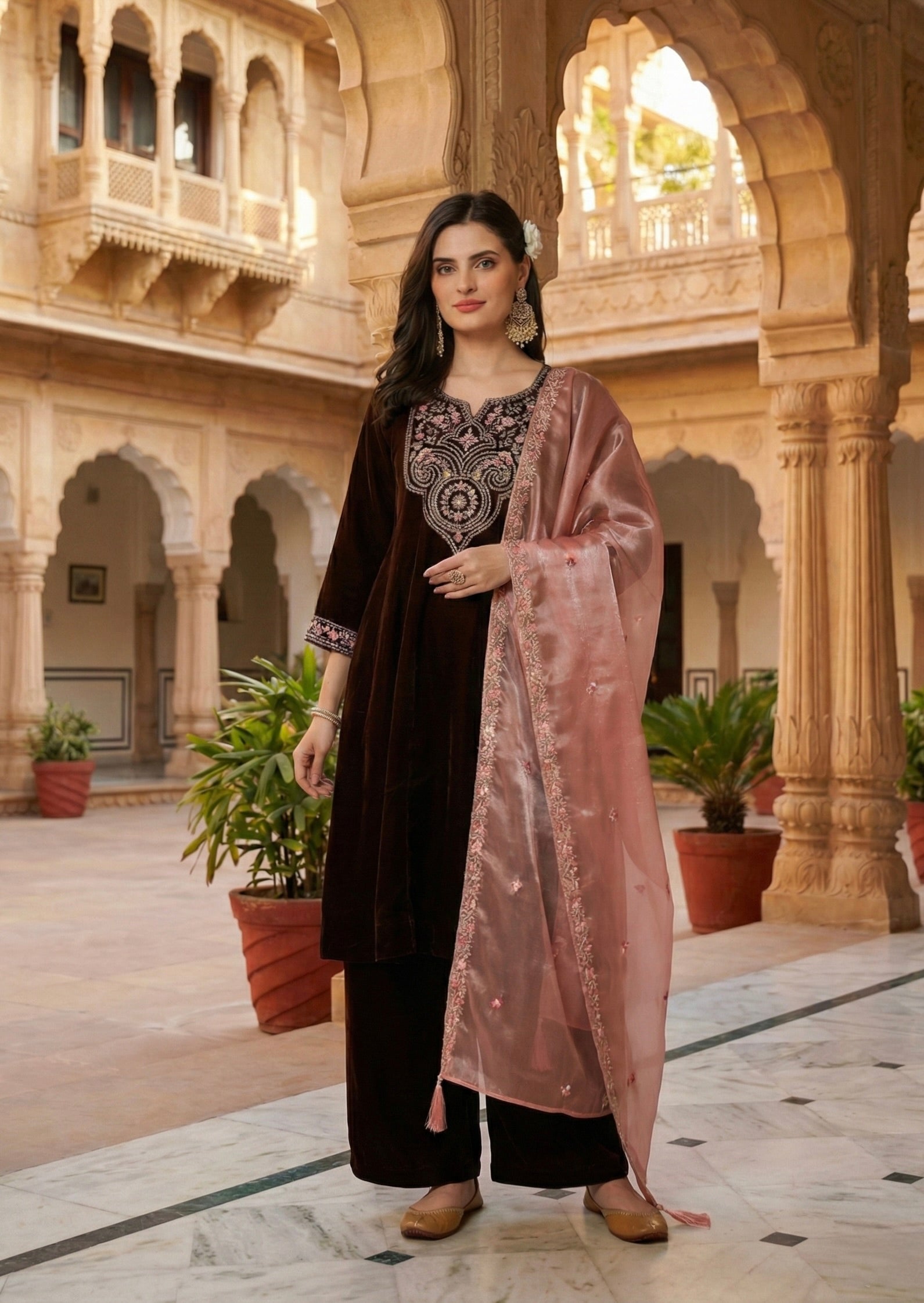 Coffee Solid Velvet Anarkali Suit With Dupatta