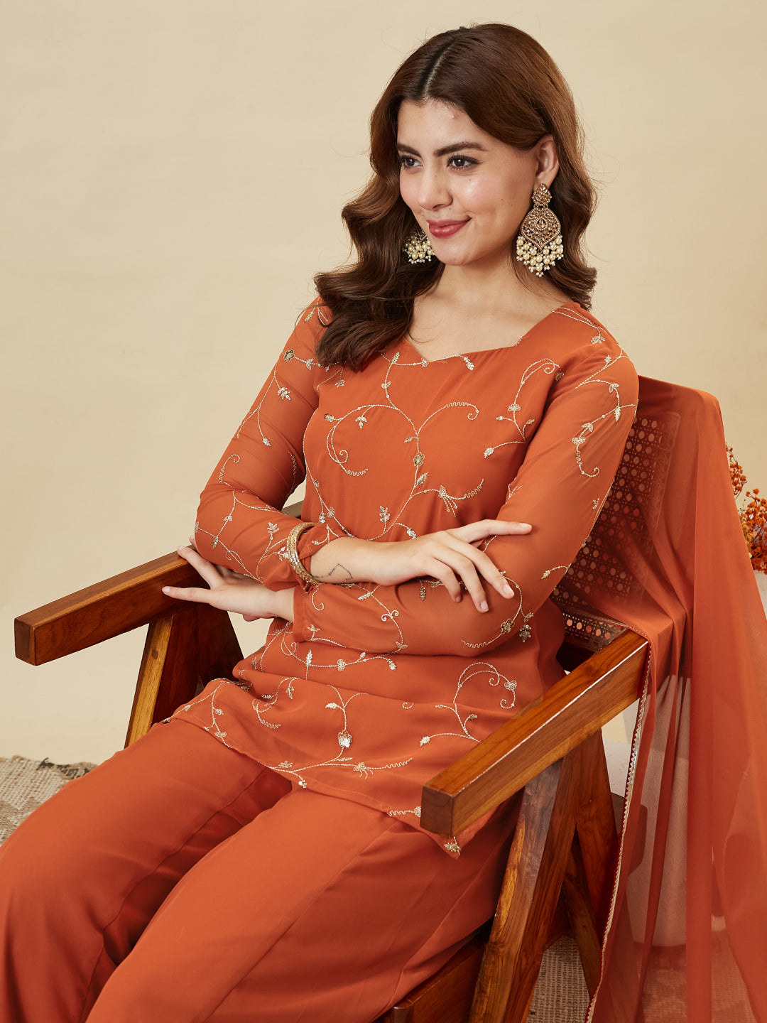 Orange Embroidered Georgette Straight Suit Set With Dupatta