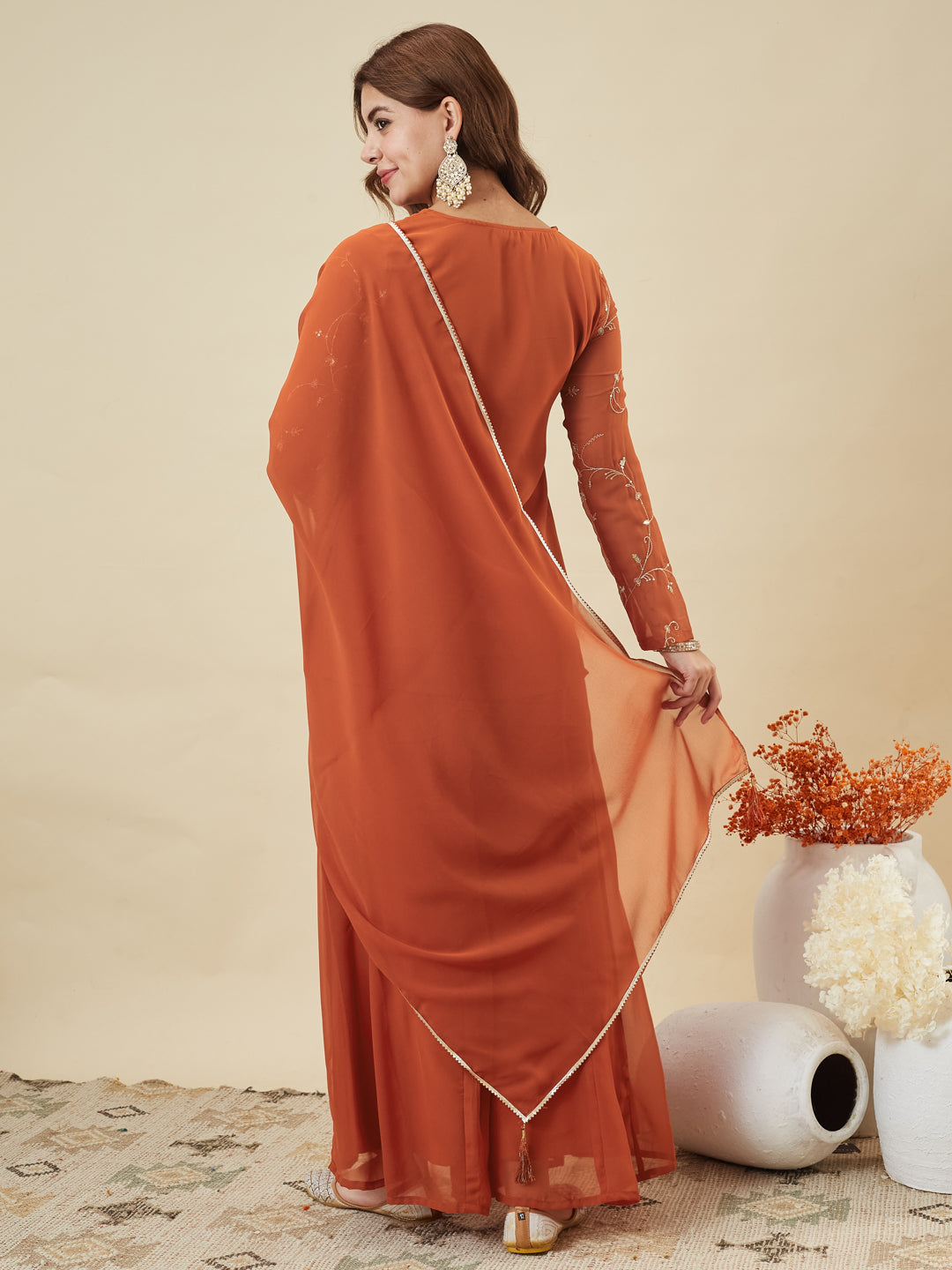 Orange Embroidered Georgette Straight Suit Set With Dupatta