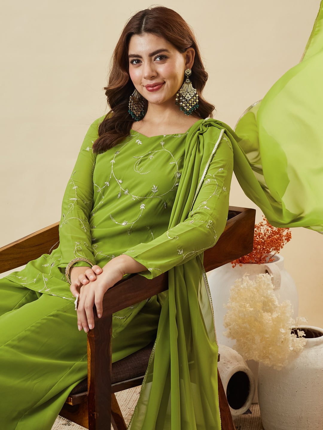 Lime Green Embroidered Georgette Straight Suit Set With Dupatta