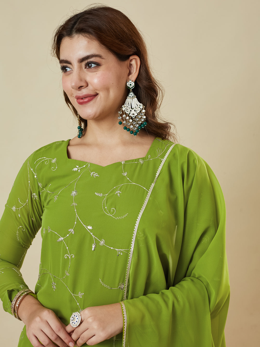 Lime Green Embroidered Georgette Straight Suit Set With Dupatta