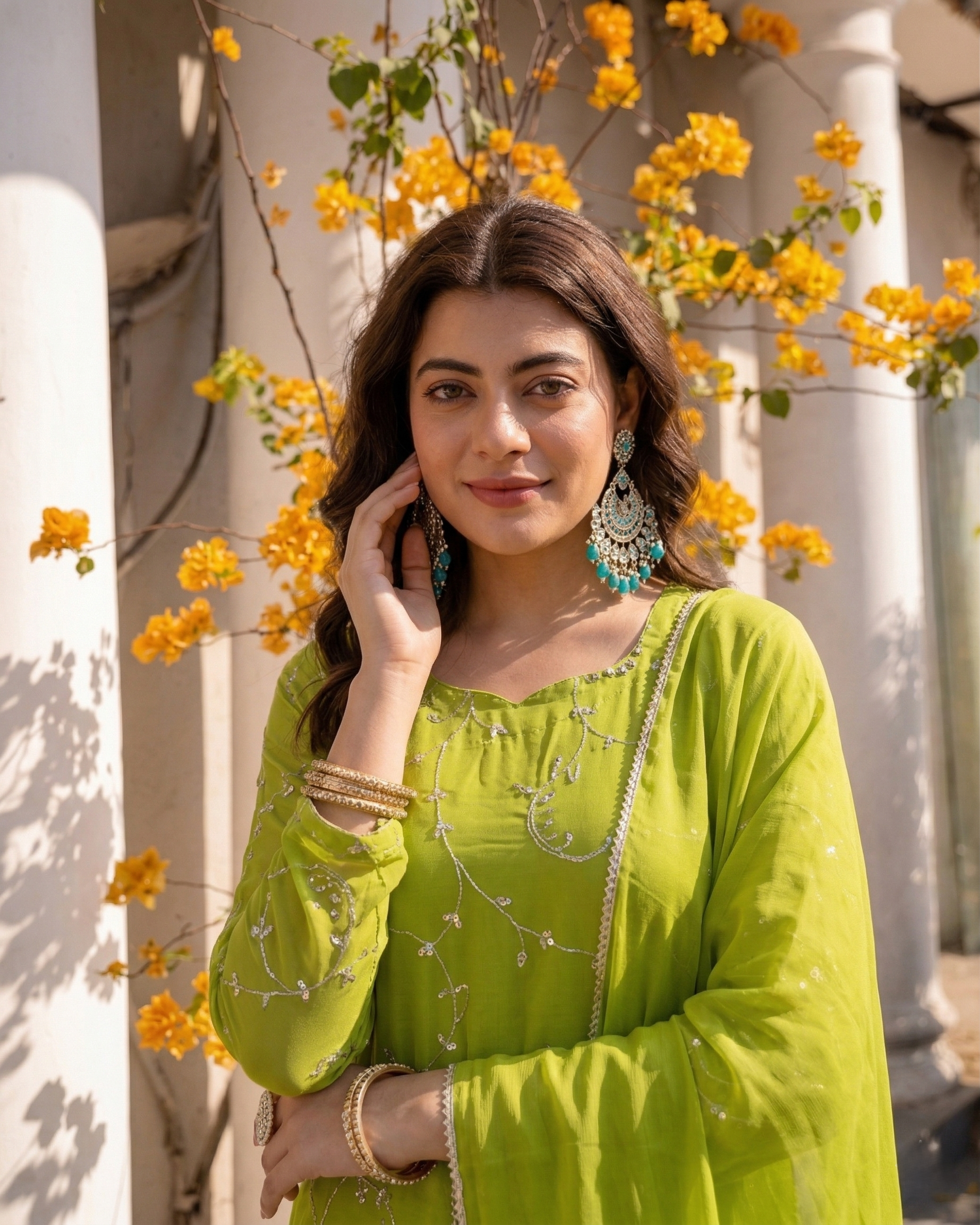Lime Green Embroidered Georgette Straight Suit Set With Dupatta