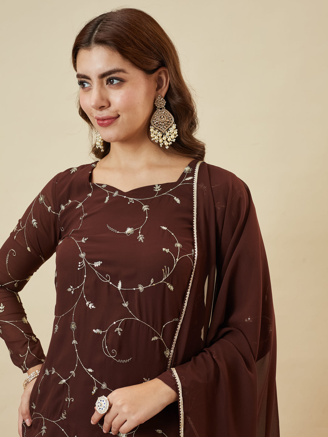 Coffee Embroidered Georgette Straight Suit Set With Dupatta