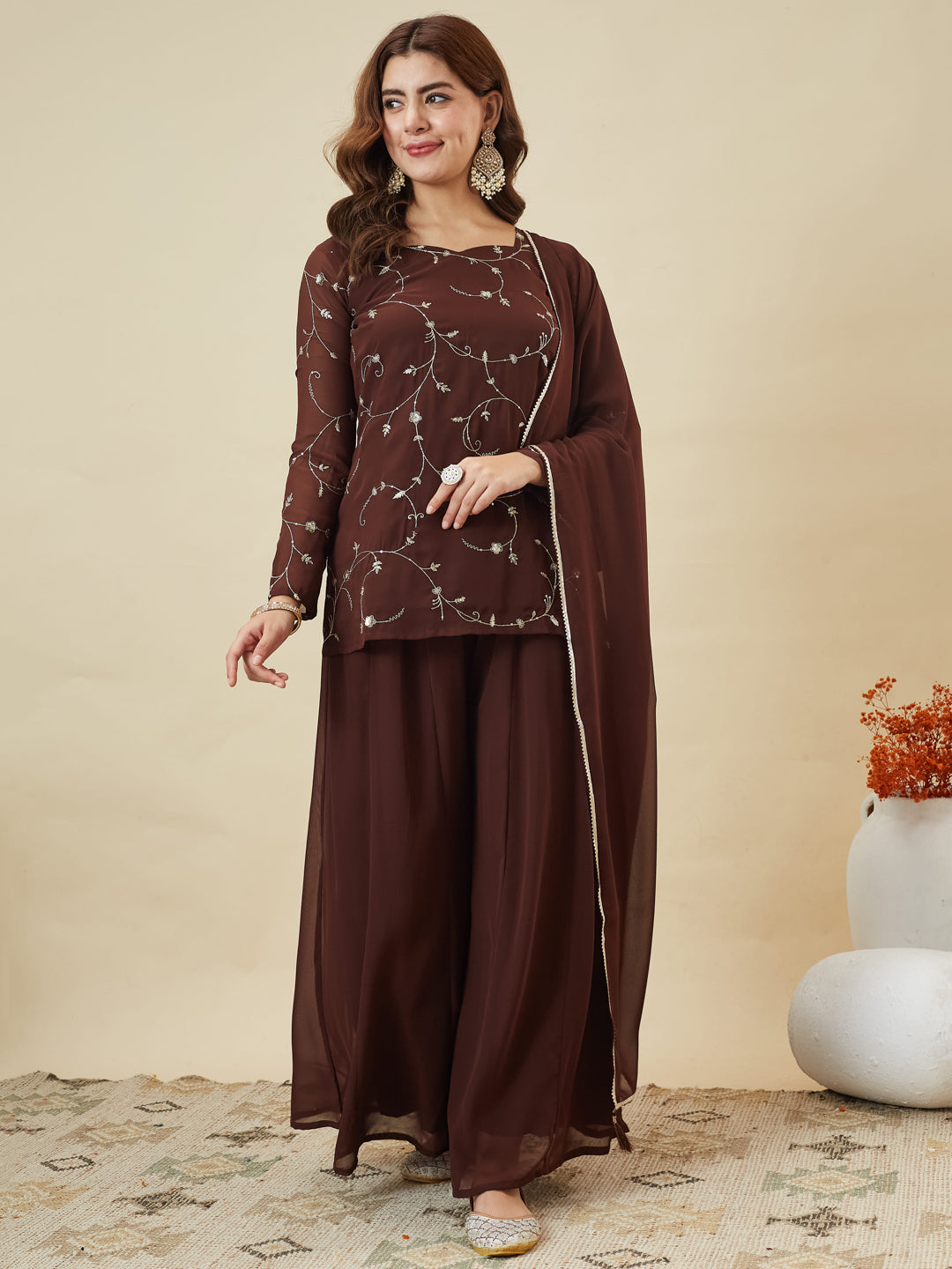 Coffee Embroidered Georgette Straight Suit Set With Dupatta