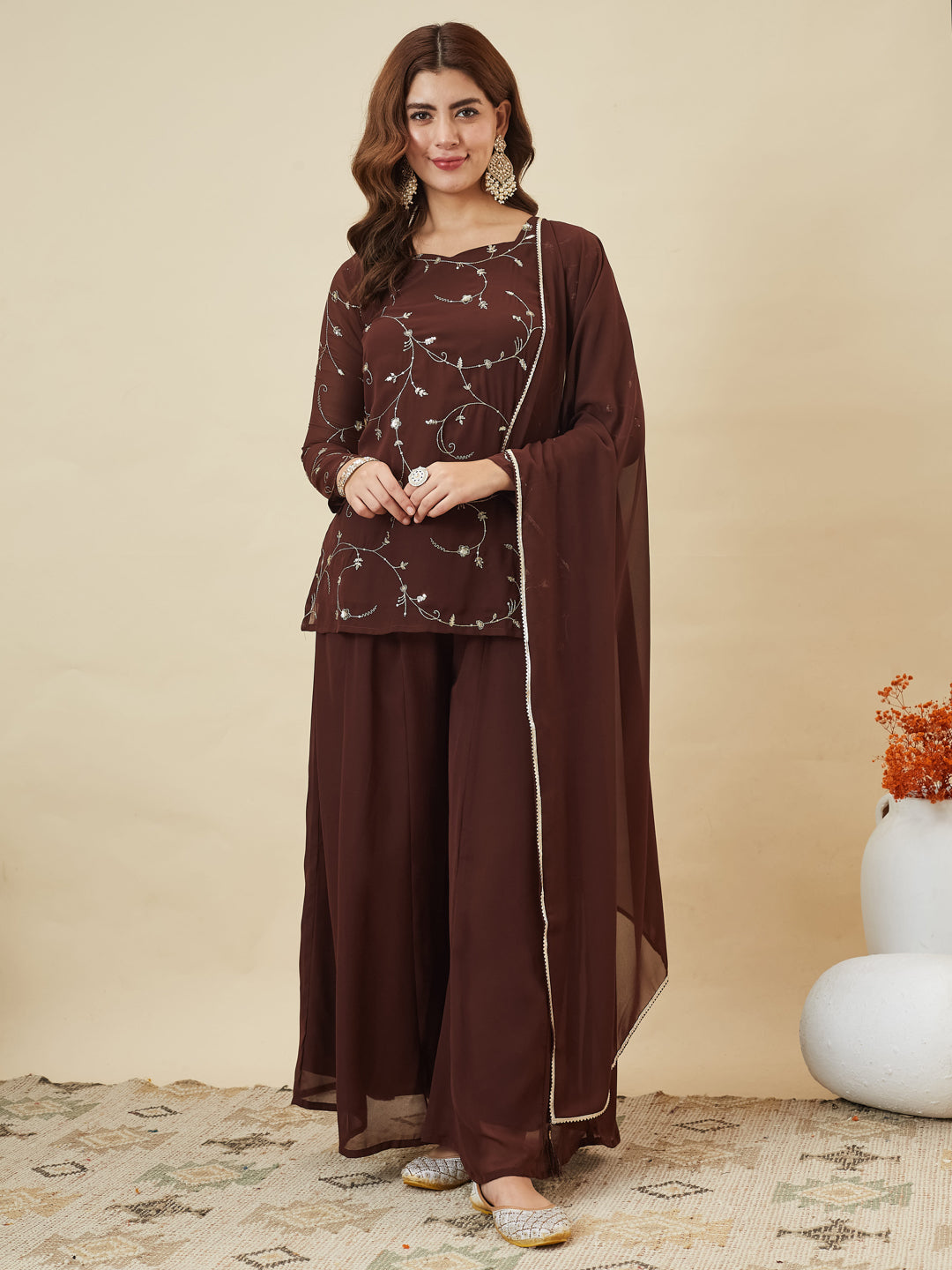 Coffee Embroidered Georgette Straight Suit Set With Dupatta