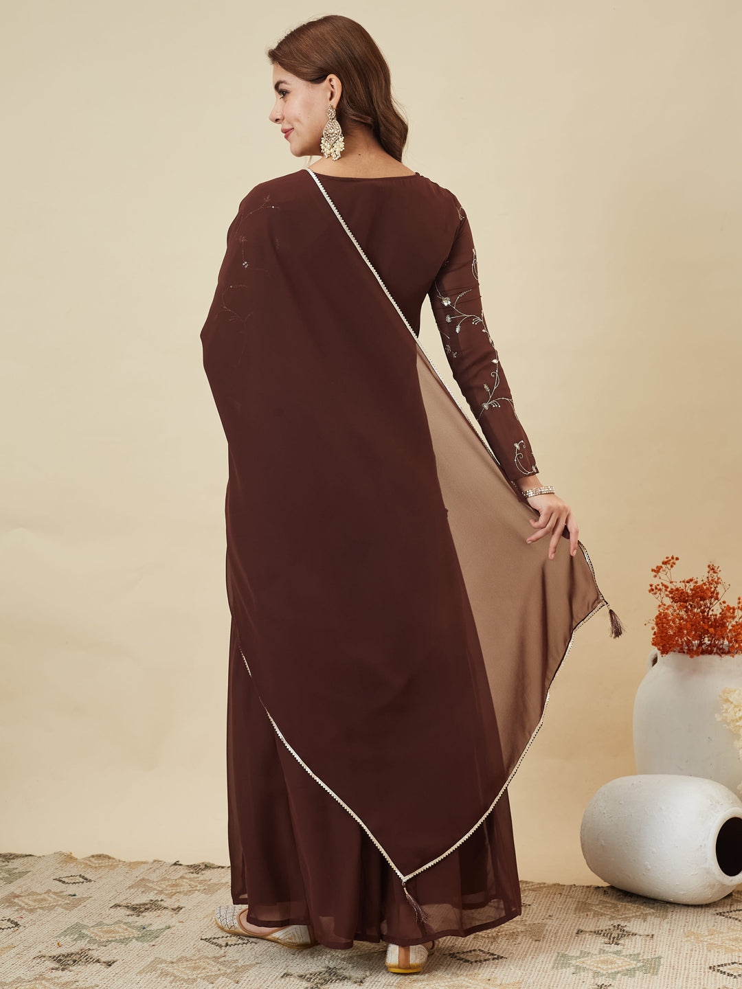 Coffee Embroidered Georgette Straight Suit Set With Dupatta