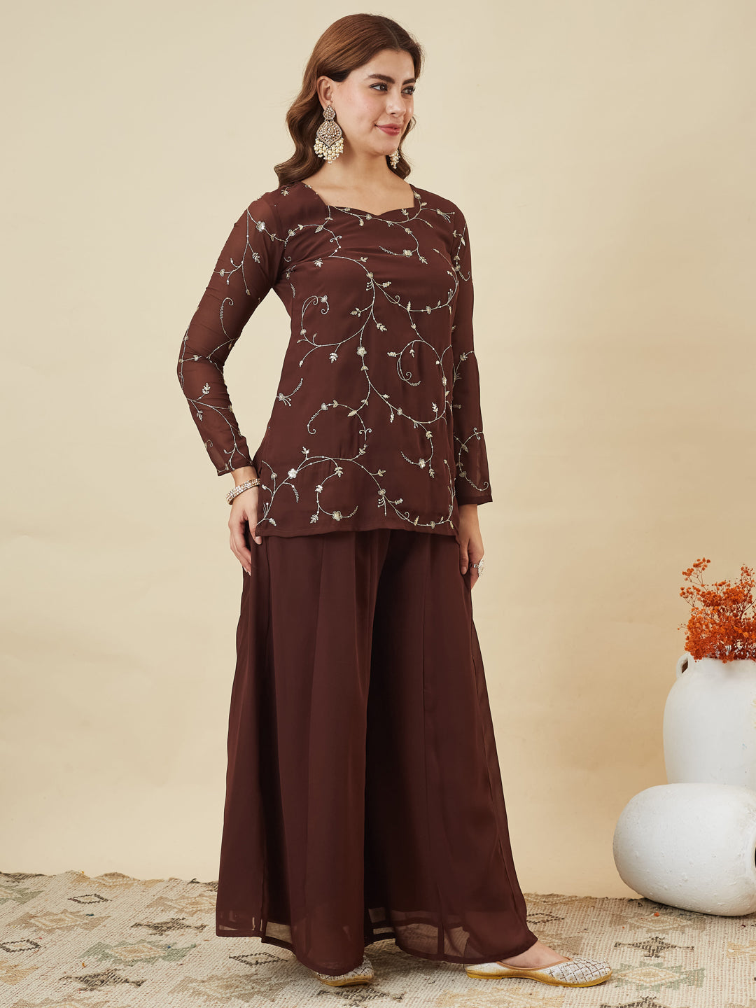 Coffee Embroidered Georgette Straight Suit Set With Dupatta