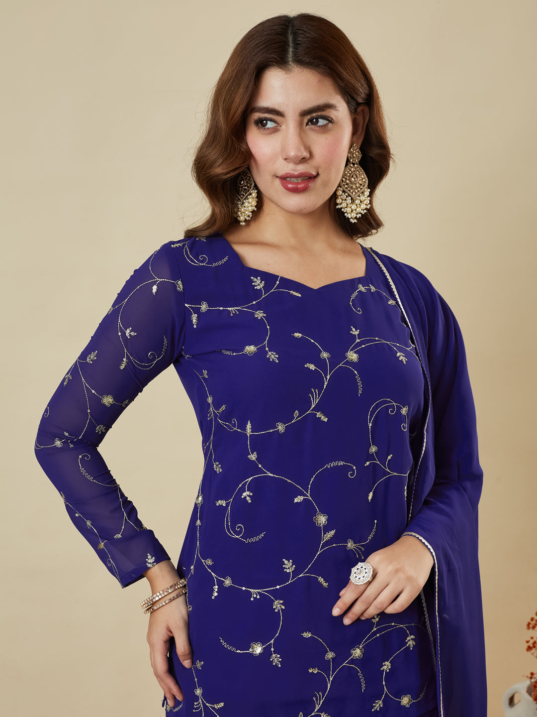 Royal Blue Embroidered Georgette Straight Suit Set With Dupatta