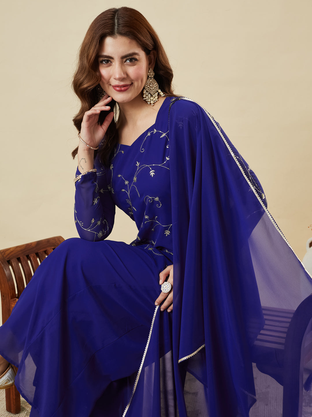 Royal Blue Embroidered Georgette Straight Suit Set With Dupatta