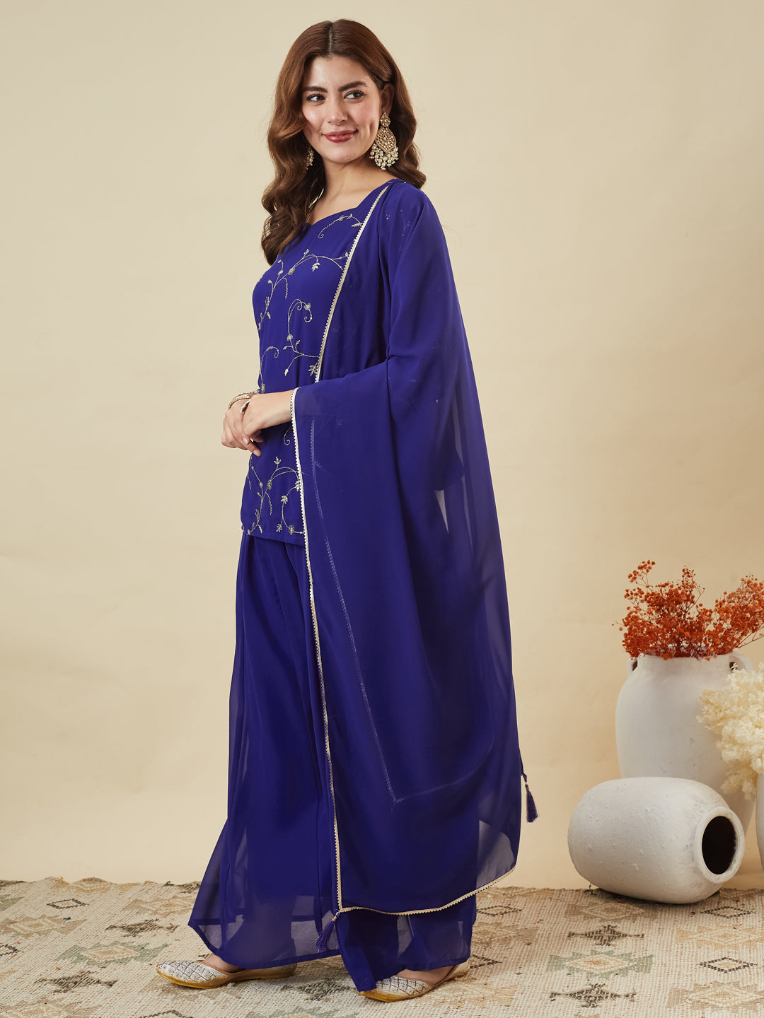 Royal Blue Embroidered Georgette Straight Suit Set With Dupatta