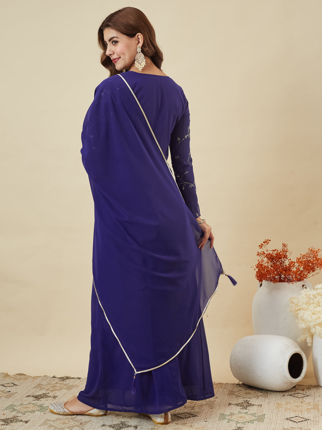 Royal Blue Embroidered Georgette Straight Suit Set With Dupatta