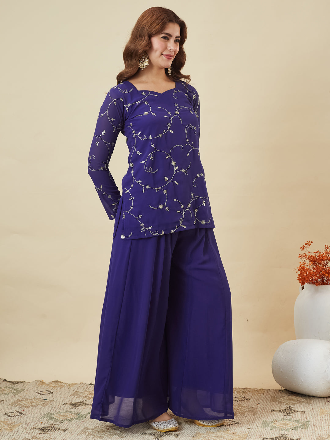 Royal Blue Embroidered Georgette Straight Suit Set With Dupatta