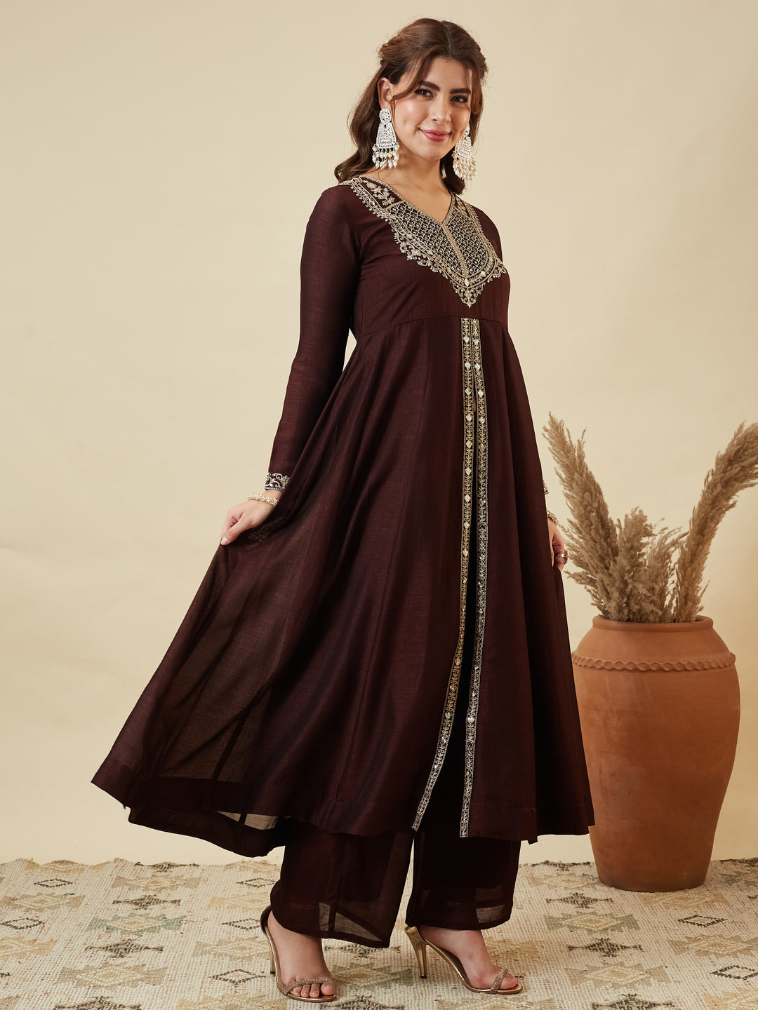 Coffee Silk Embroidered Anarkali Kurta With Dupatta Set for Women