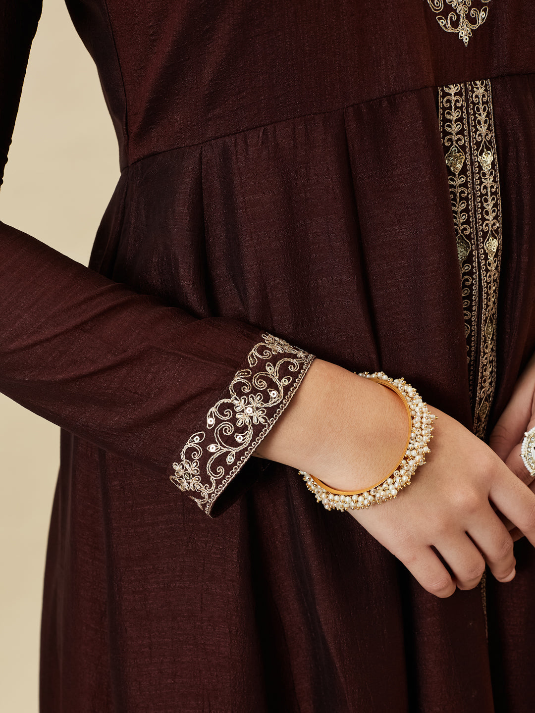 Coffee Silk Embroidered Anarkali Kurta With Dupatta Set for Women