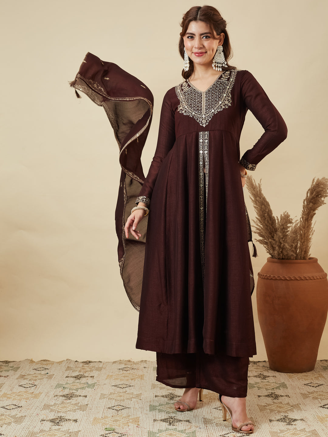 Coffee Silk Embroidered Anarkali Kurta With Dupatta Set for Women