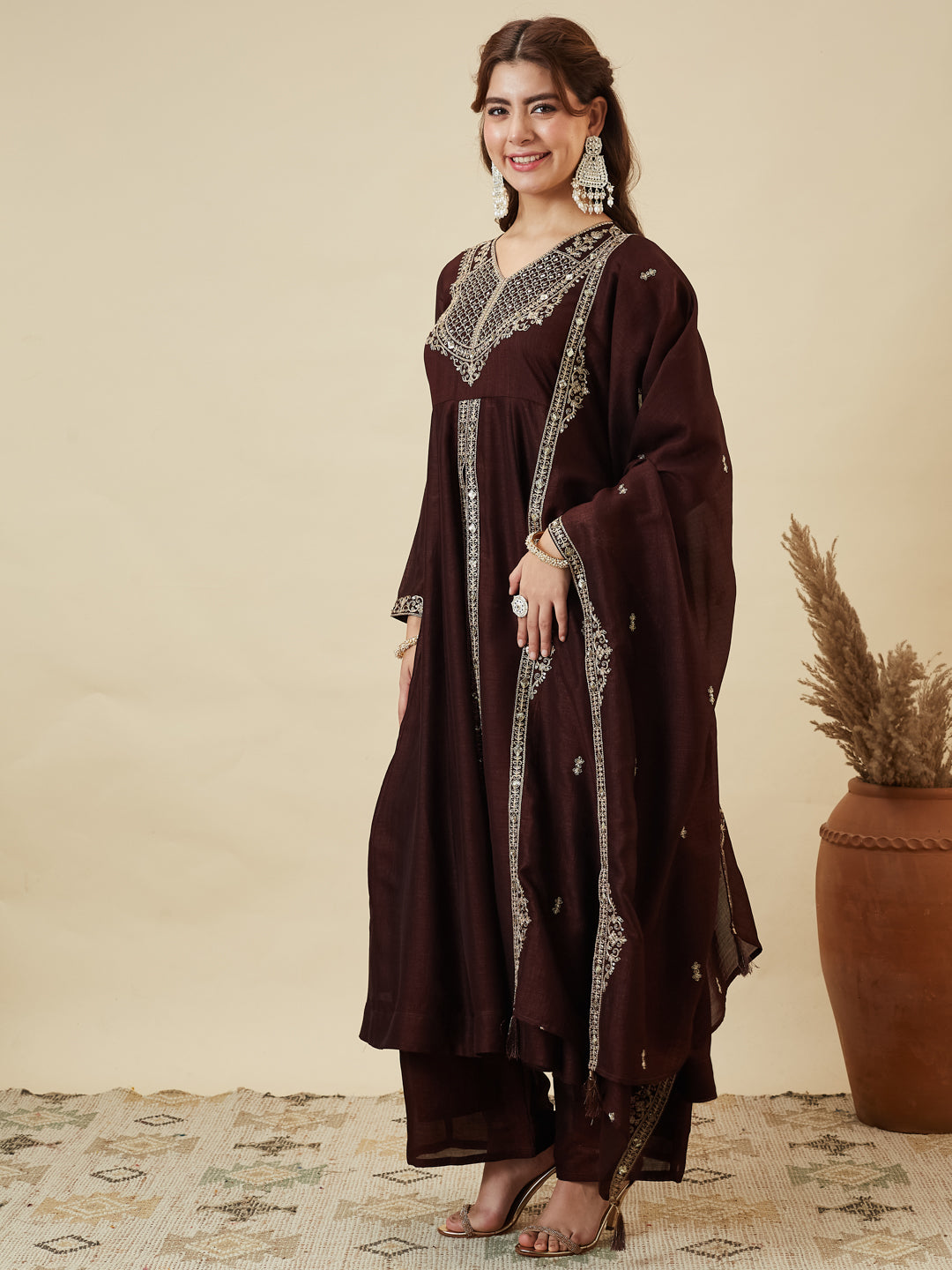 Coffee Silk Embroidered Anarkali Kurta With Dupatta Set for Women