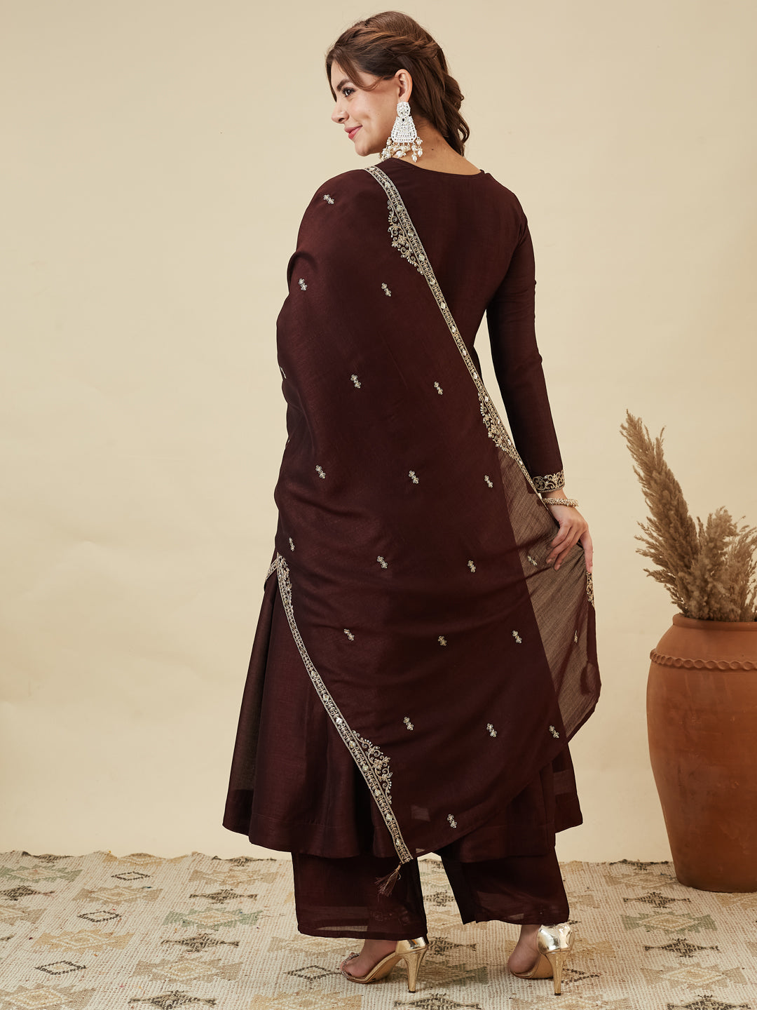 Coffee Silk Embroidered Anarkali Kurta With Dupatta Set for Women