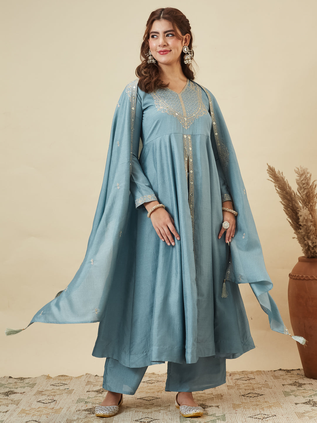 Sky Blue Silk Embroidered Anarkali Kurta With Dupatta Set for Women