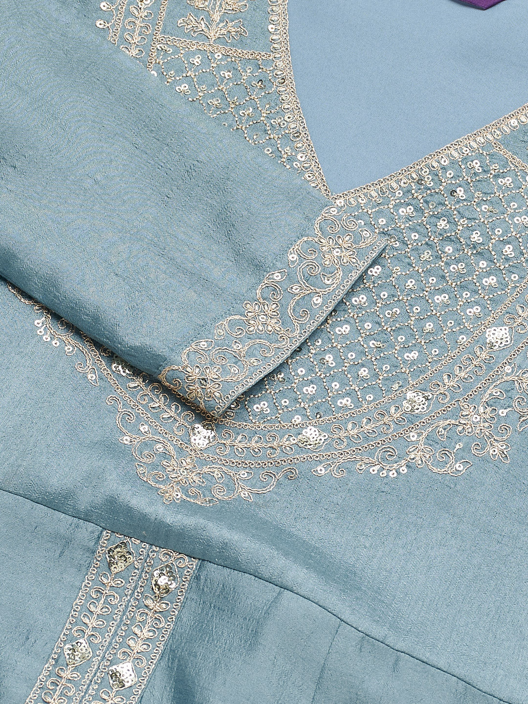 Sky Blue Silk Embroidered Anarkali Kurta With Dupatta Set for Women