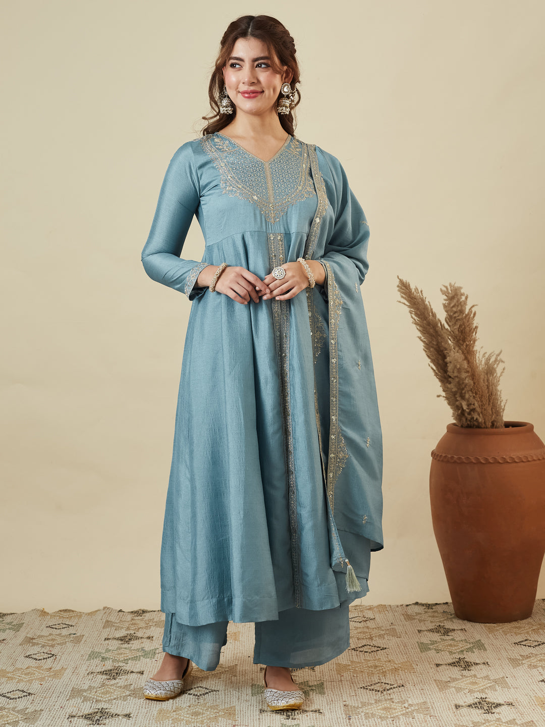 Sky Blue Silk Embroidered Anarkali Kurta With Dupatta Set for Women