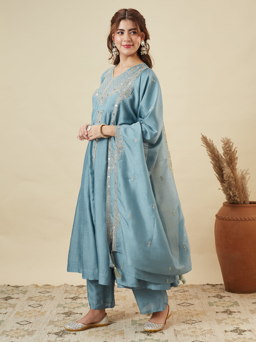 Sky Blue Silk Embroidered Anarkali Kurta With Dupatta Set for Women