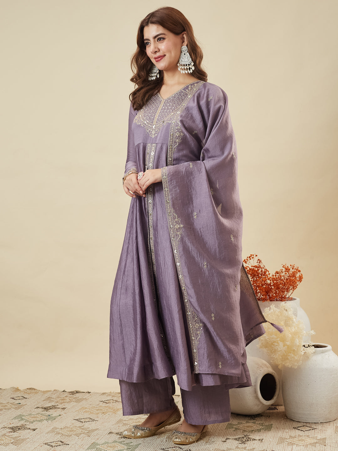 Lavender Silk Embroidered Anarkali Kurta With Dupatta Set for Women