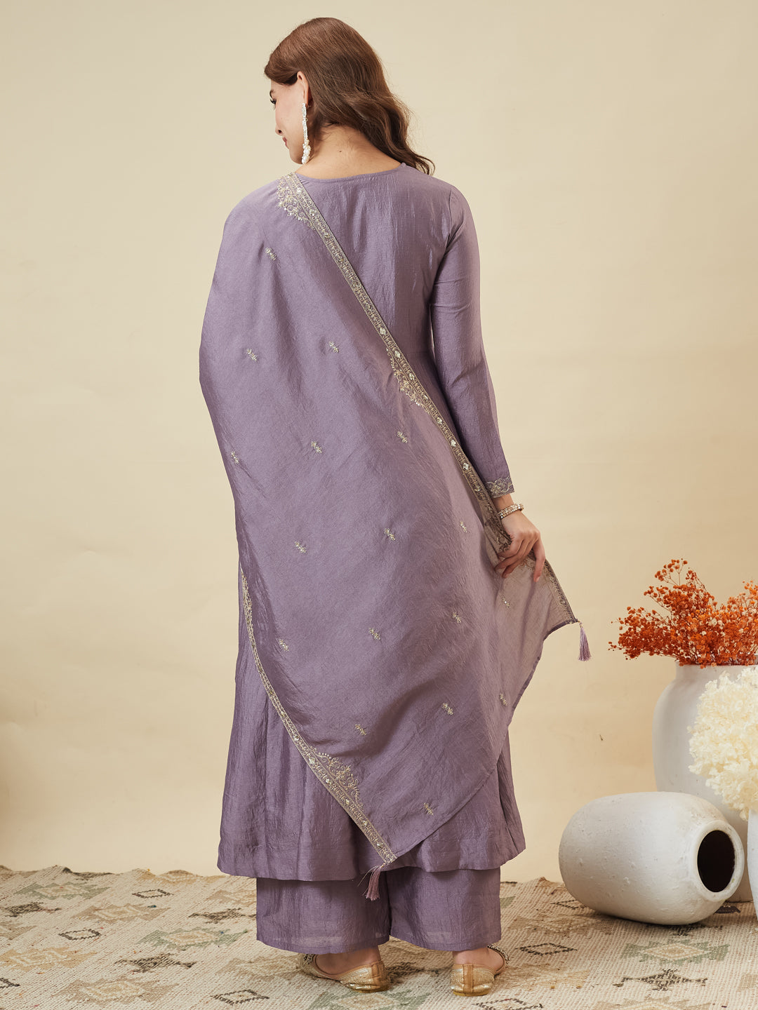 Lavender Silk Embroidered Anarkali Kurta With Dupatta Set for Women | back side full image