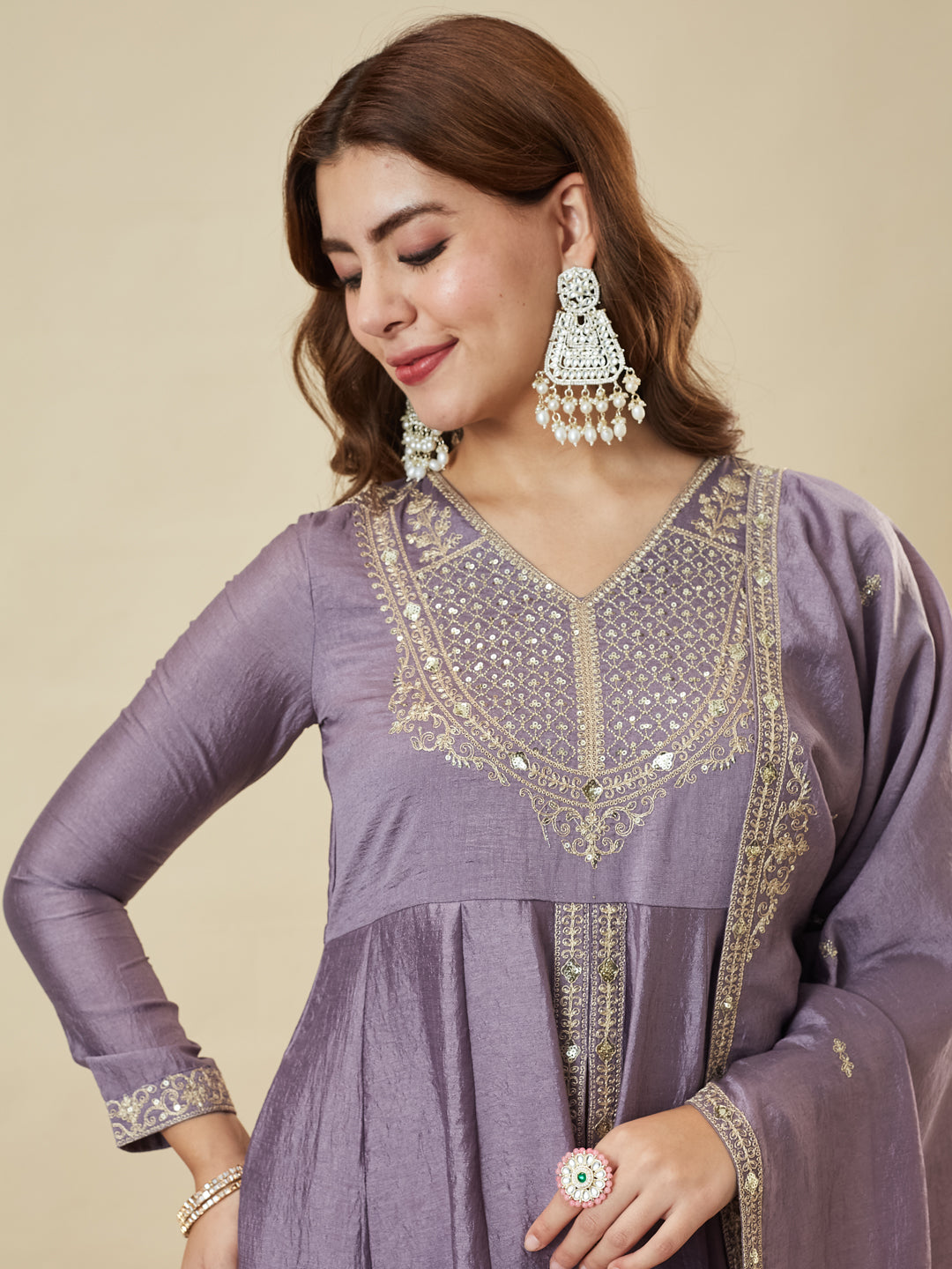 Lavender Silk Embroidered Anarkali Kurta With Dupatta Set for Women | right hand dupatta half image