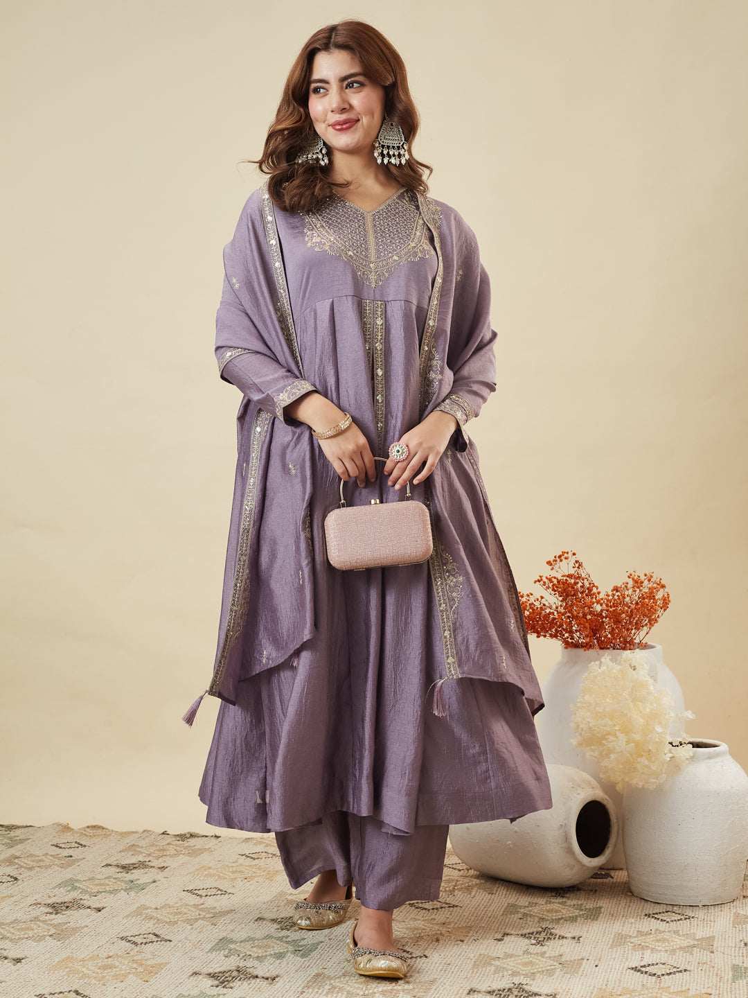 Lavender Silk Embroidered Anarkali Kurta With Dupatta Set for Women | front side soulder duatta image