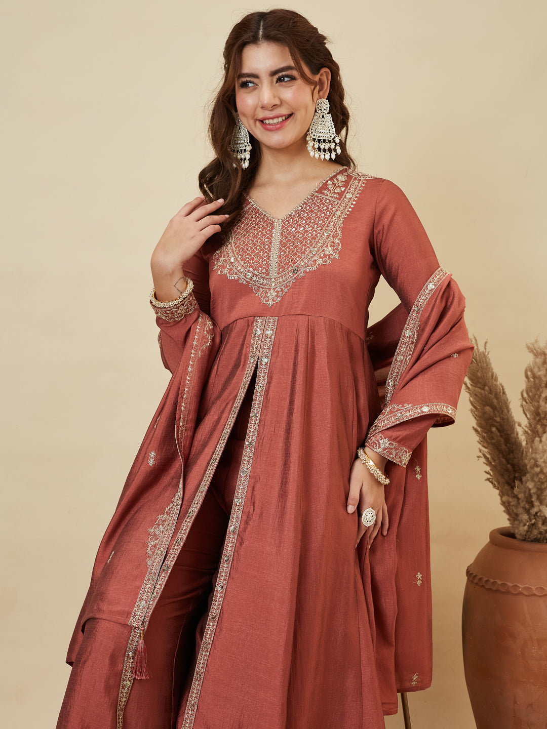 Rust Silk Embroidered Anarkali Kurta With Dupatta Set for Women