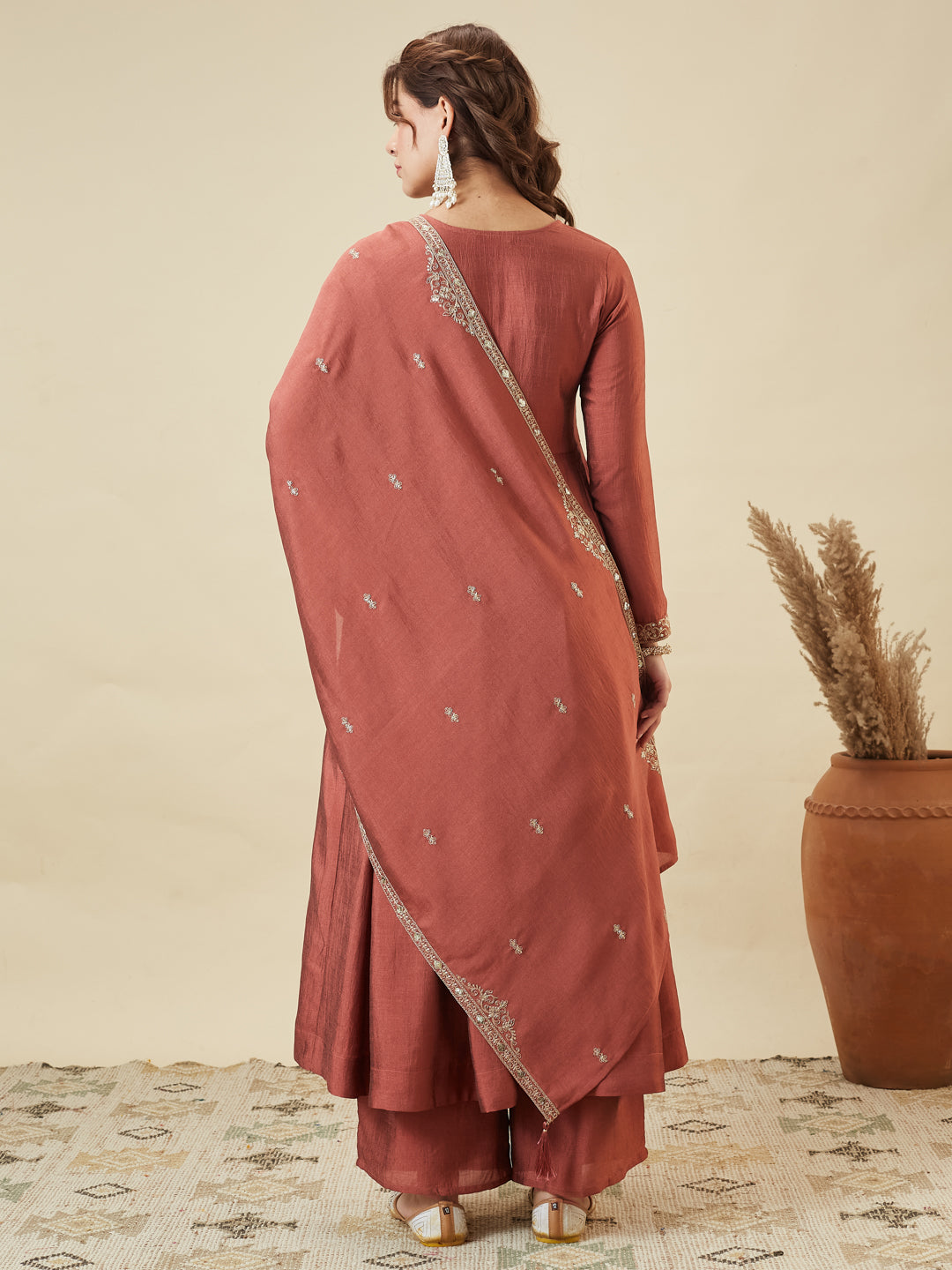 Rust Silk Embroidered Anarkali Kurta With Dupatta Set for Women
