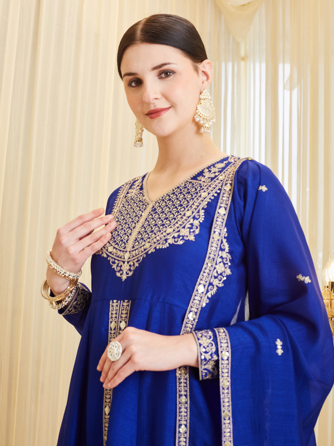 Satya Sri in Color of earth - Women’s Royal Blue Silk Embroidered Anarkali Set
