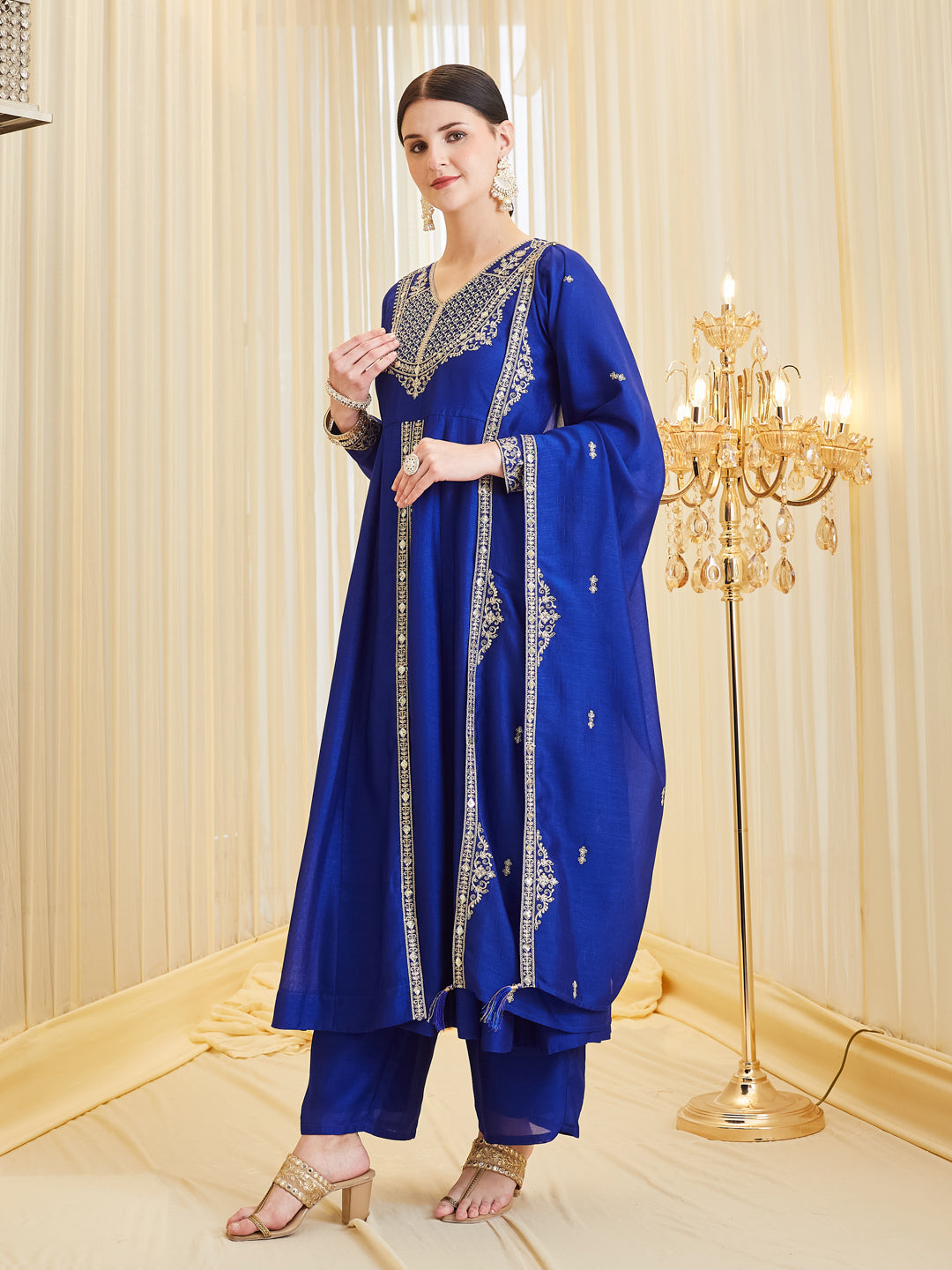 Satya Sri in Color of earth - Women’s Royal Blue Silk Embroidered Anarkali Set