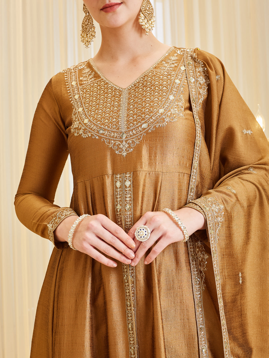 Women’s Golden Silk Ethnic Anarkali Set