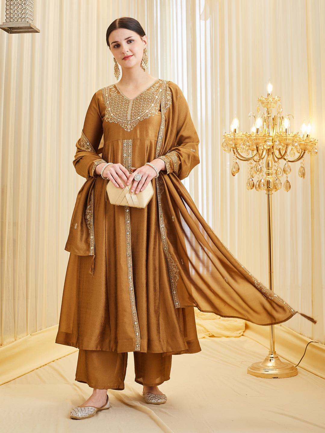 Women’s Golden Silk Ethnic Anarkali Set