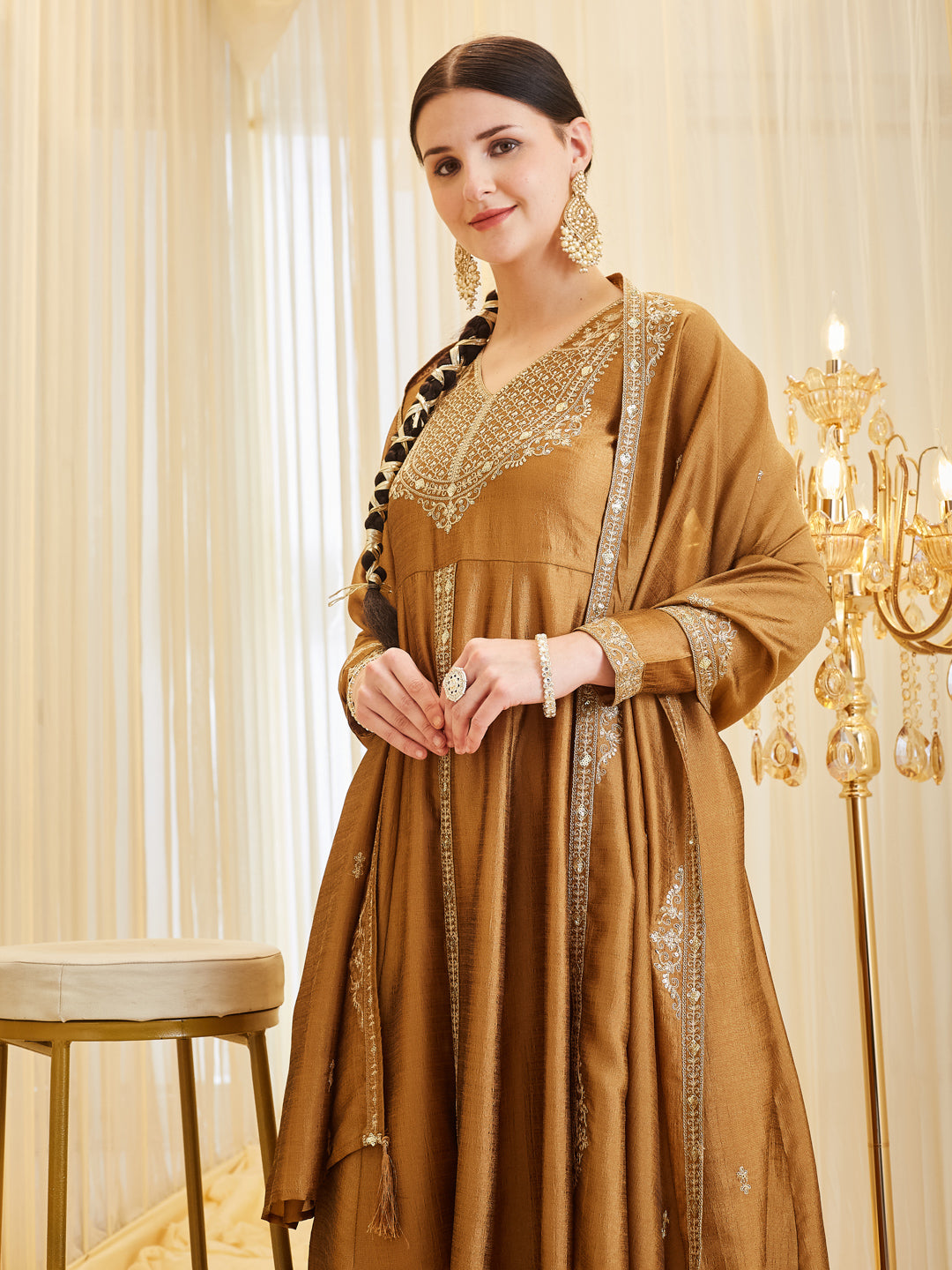 Golden Silk Embroidered Anarkali Suit Set with Dupatta