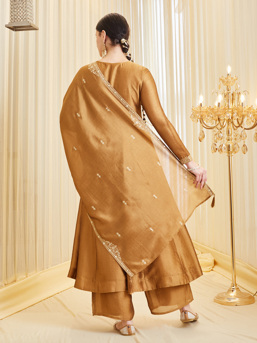 Women’s Golden Silk Ethnic Anarkali Set
