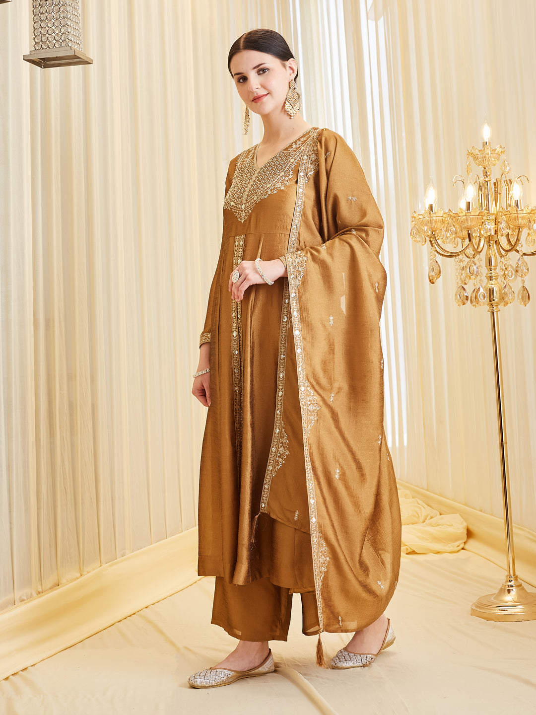 Women’s Golden Silk Ethnic Anarkali Set