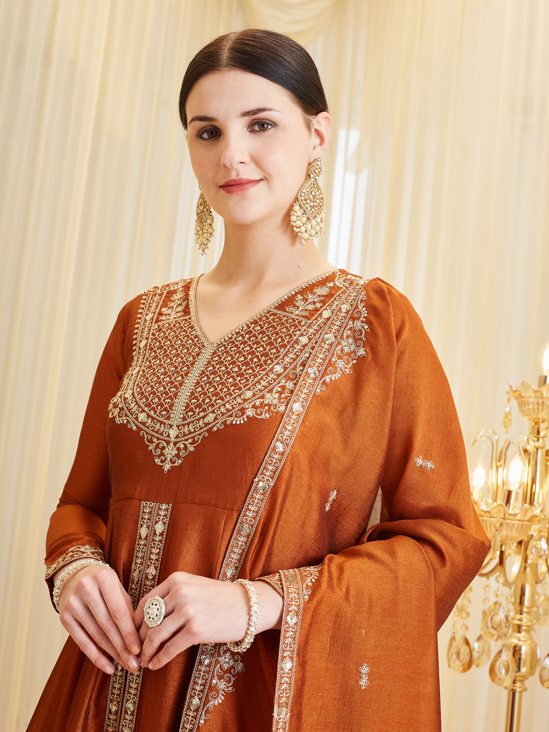 Rust Silk Embroidered Ethnic Anarkali Kurta Set