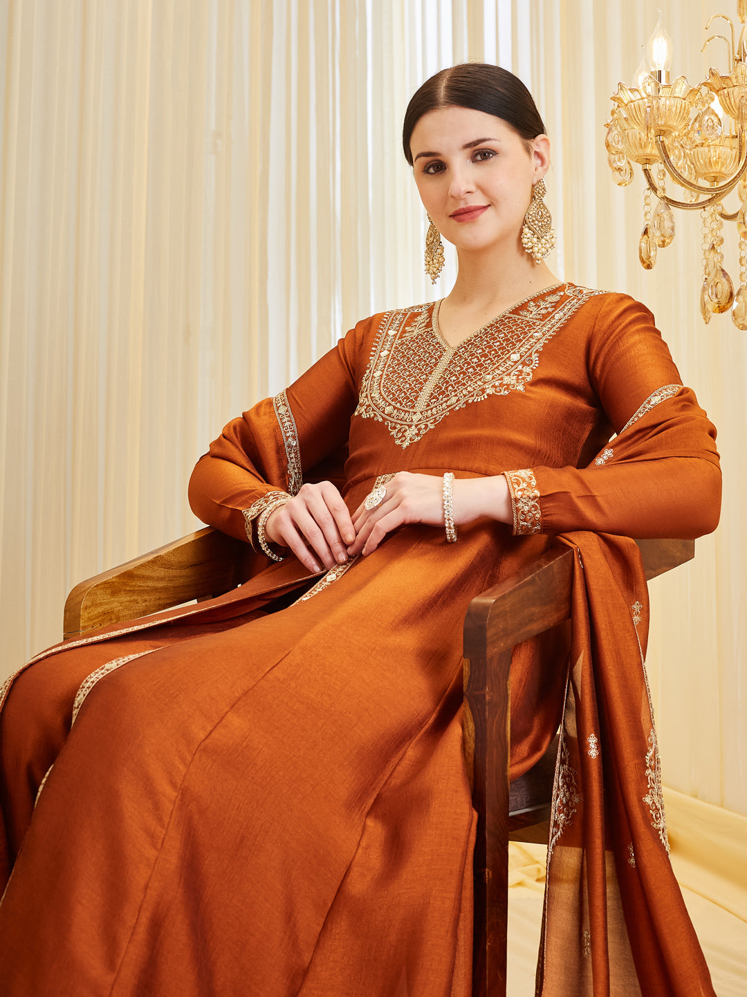 Rust Silk Embroidered Ethnic Anarkali Kurta Set