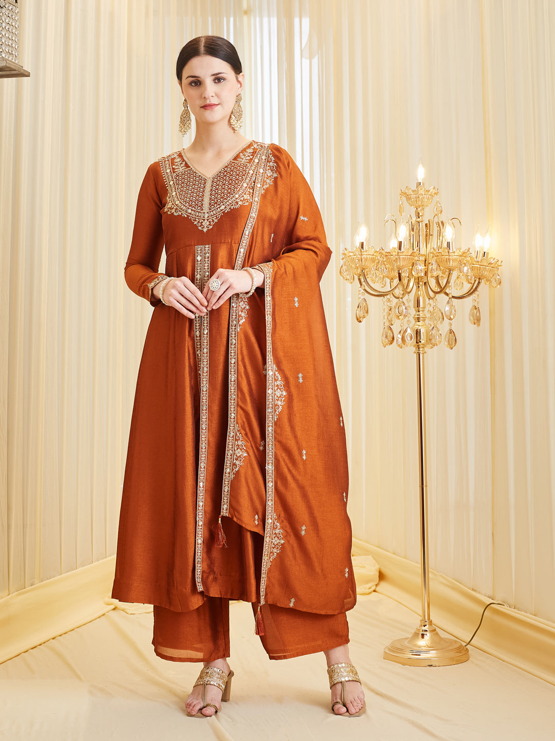 Rust Silk Embroidered Ethnic Anarkali Kurta Set