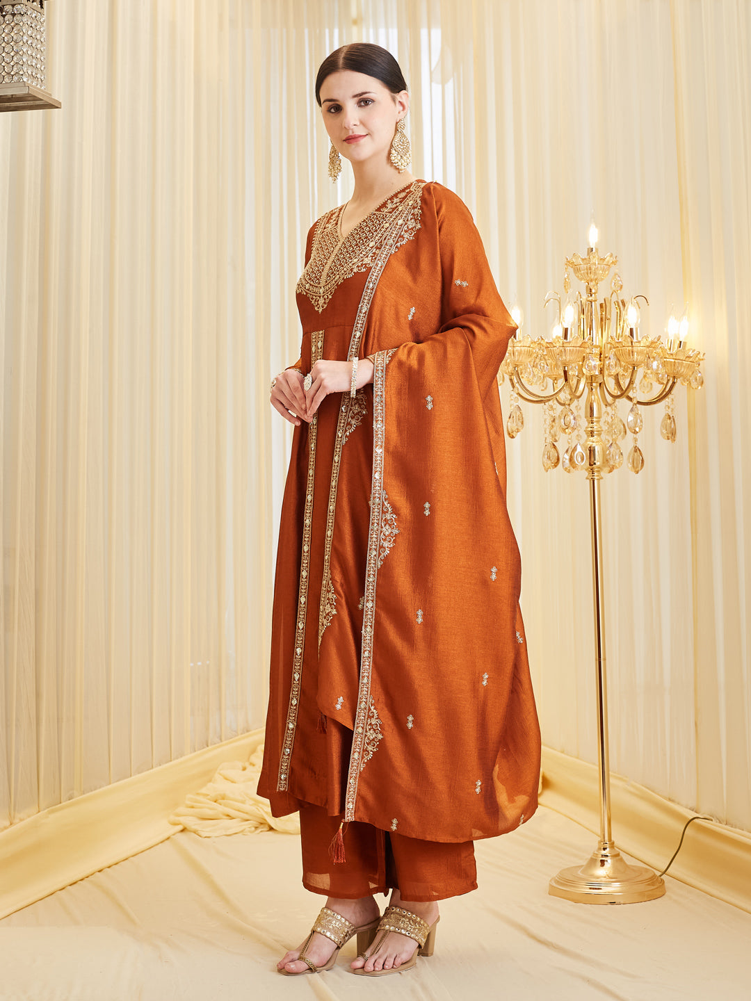 Rust Silk Embroidered Ethnic Anarkali Kurta Set
