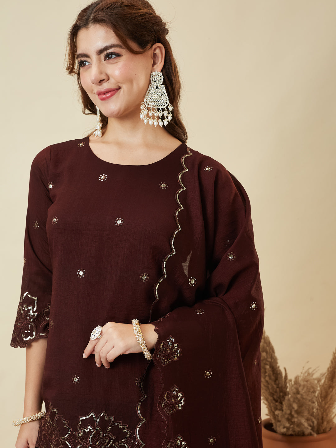 Coffee Silk Embroidered Suit with Palazzo Set for Women