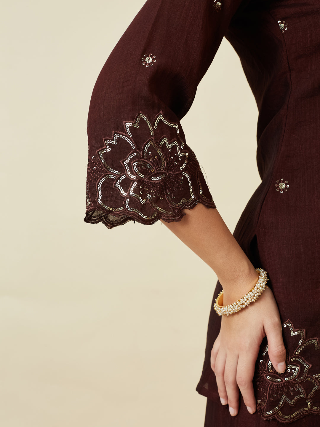Coffee Silk Embroidered Suit with Palazzo Set for Women