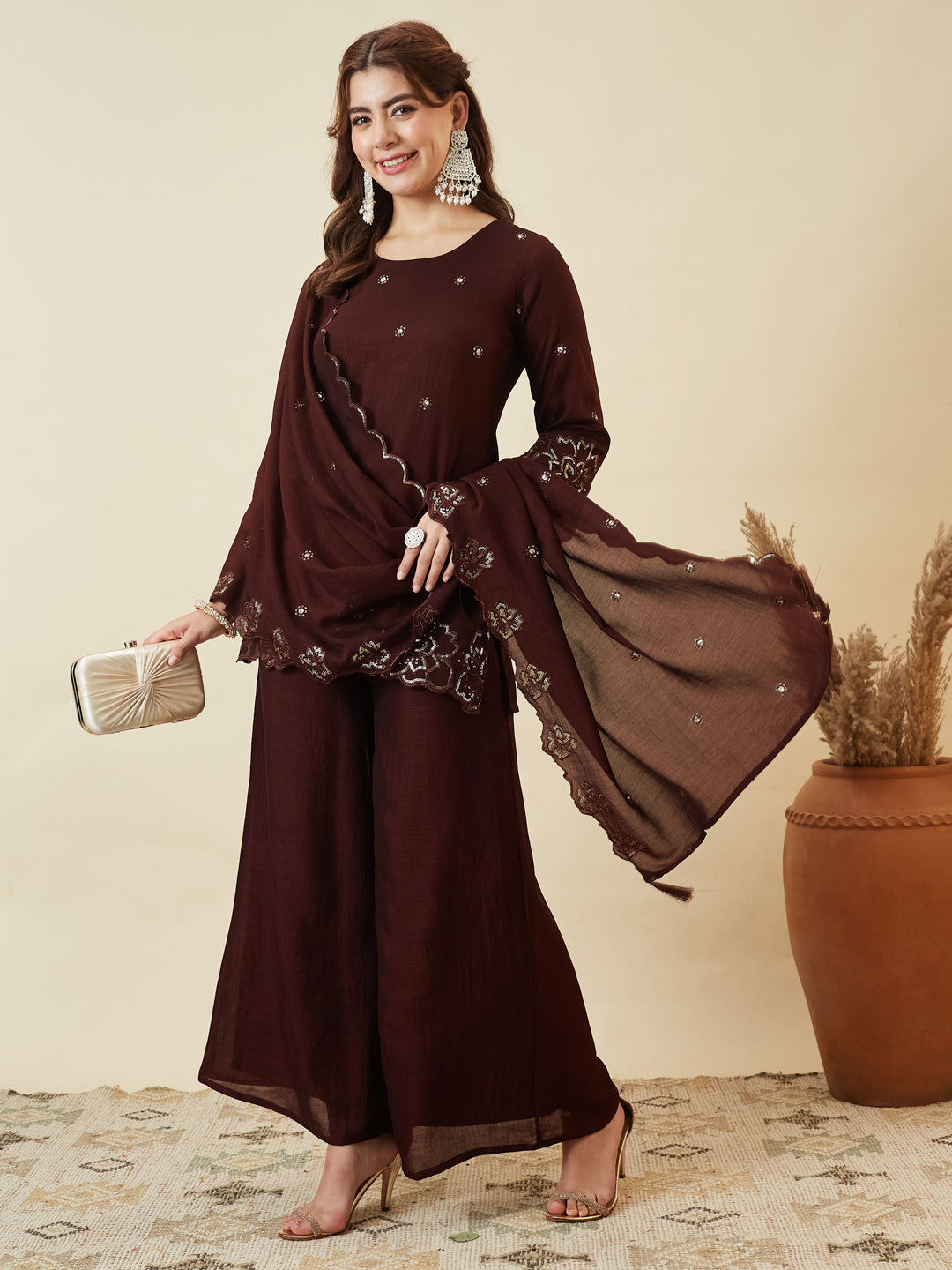 Coffee Silk Embroidered Suit with Palazzo Set for Women