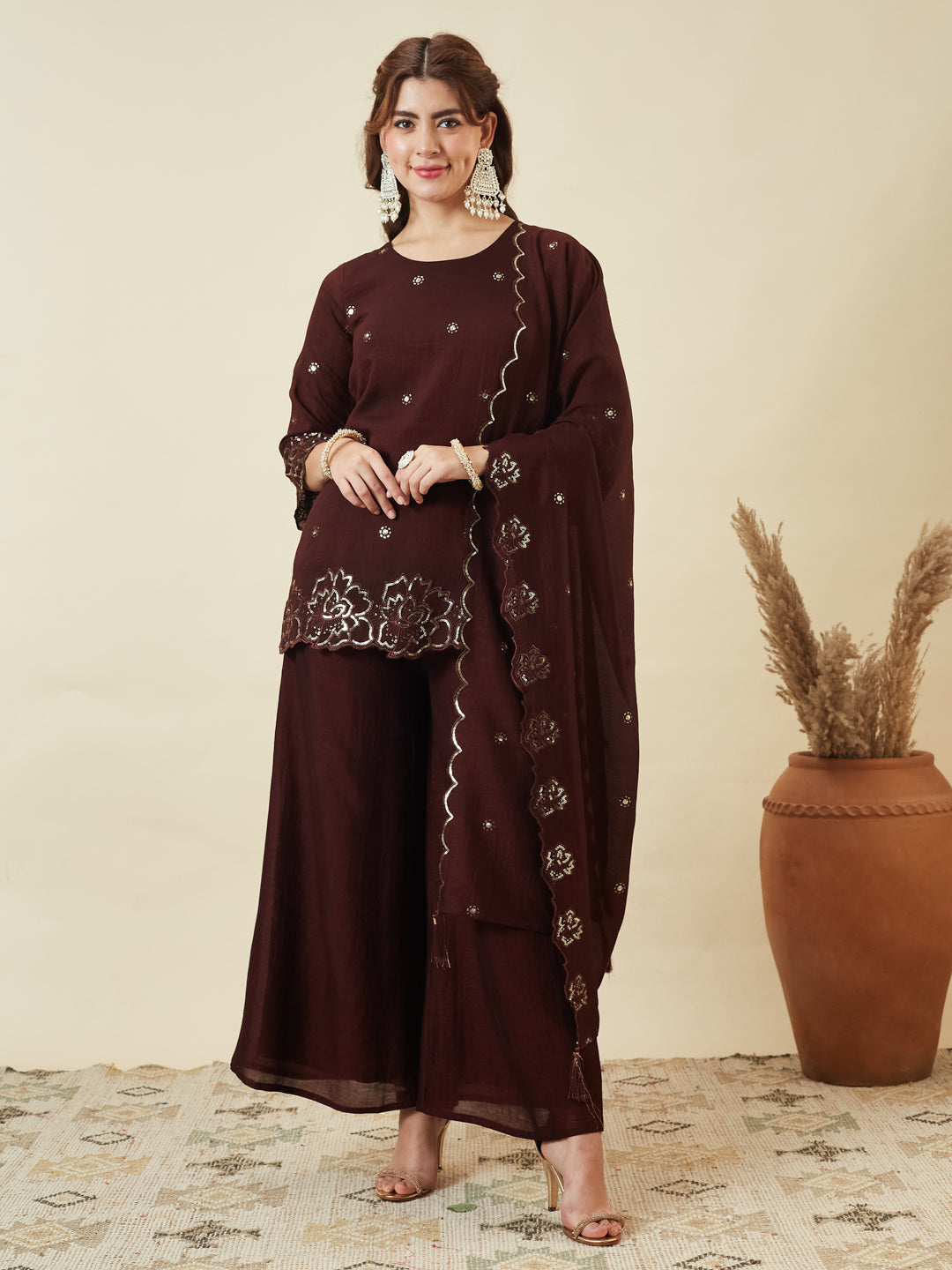Coffee Silk Embroidered Suit with Palazzo Set for Women