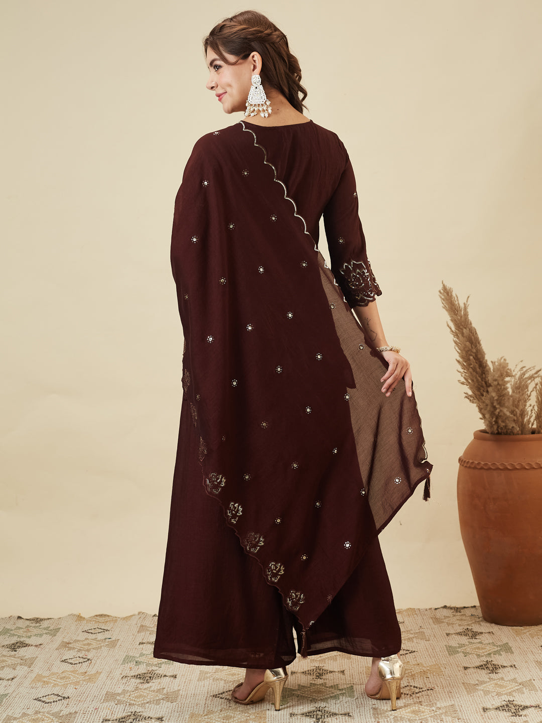 Coffee Silk Embroidered Suit with Palazzo Set for Women