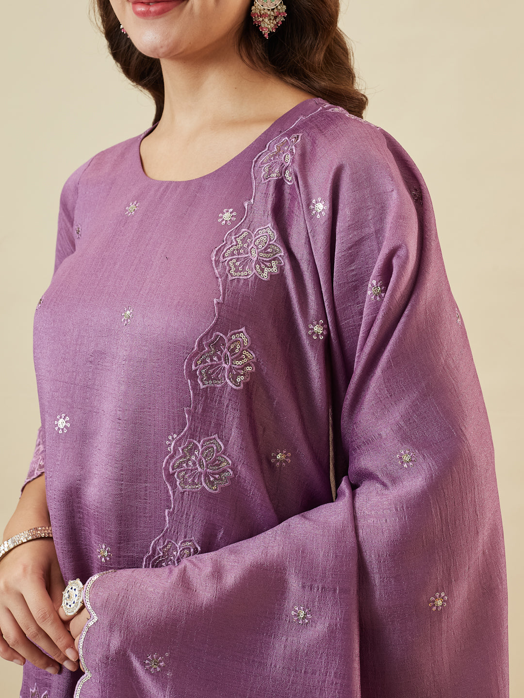 Lavender Silk Embroidered Suit with Palazzo Set for Women
