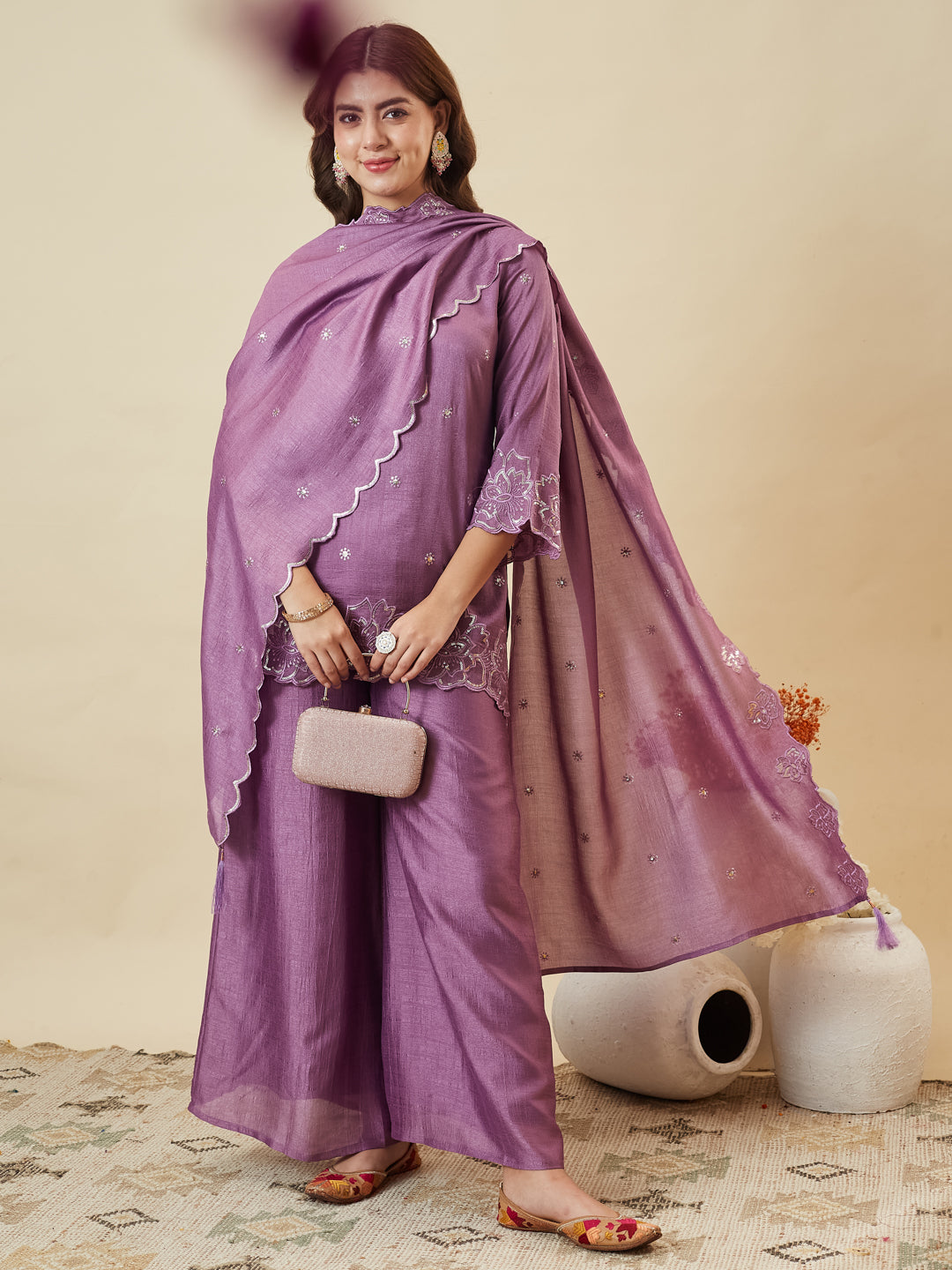 Lavender Silk Embroidered Suit with Palazzo Set for Women
