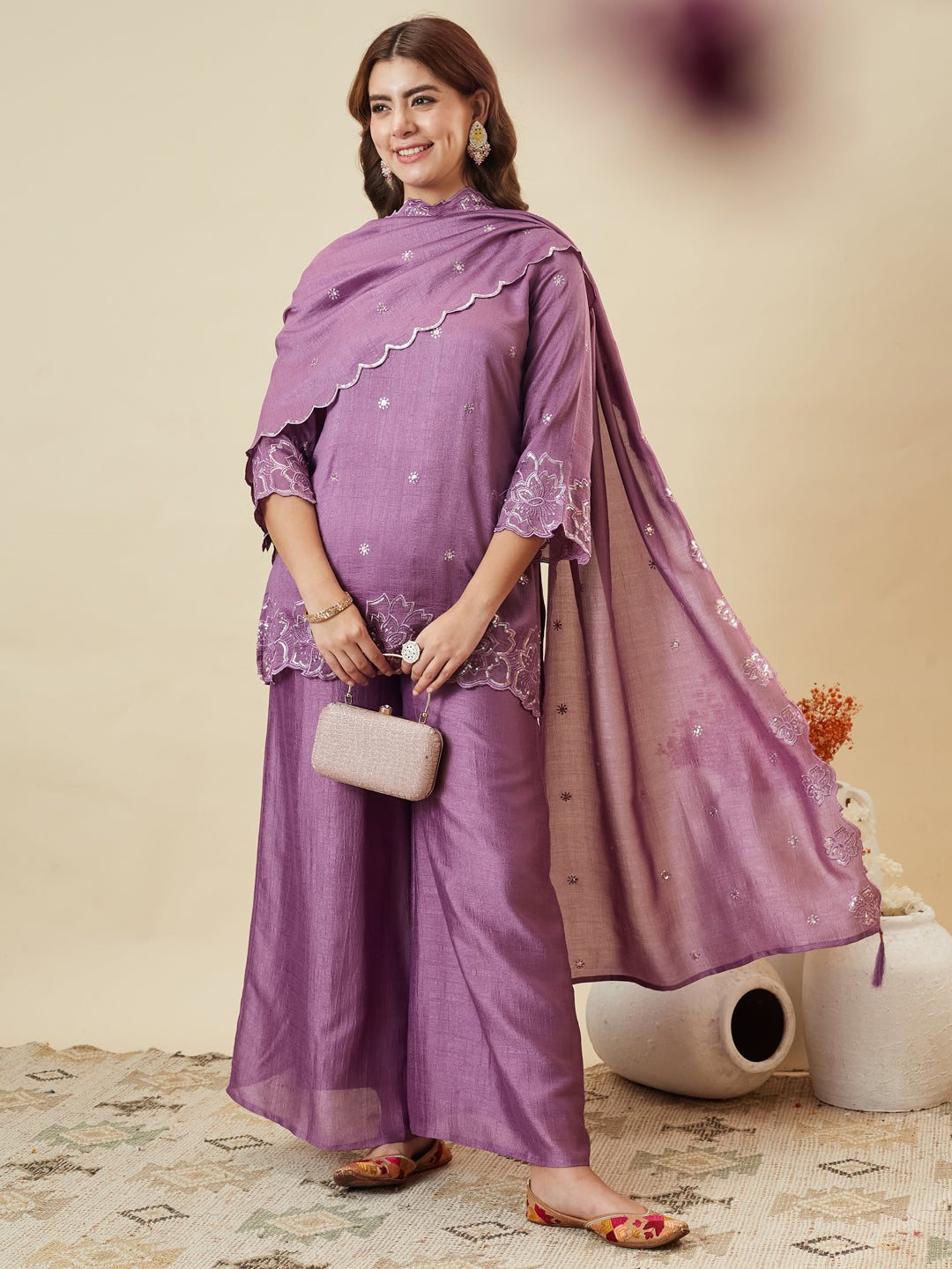 Lavender Silk Embroidered Suit with Palazzo Set for Women